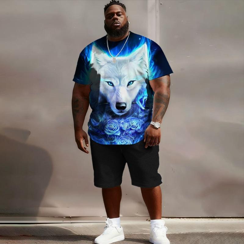 S-6XL Große Größen Herren Oversized Fit, Wolf, Mond & Flamme 3D-Druck T-Shirt & Shorts Set, Lässiges Streetwear Outfit
