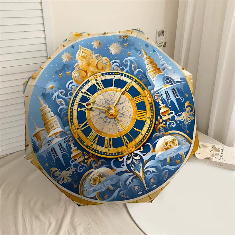 

1PC Clock Snowy Town Umbrella-8-Rib Reinforced, Automatic Open, Lightweight & Durable, Cute Fashion Accessory for Outdoor-P105