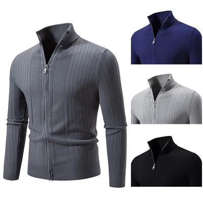 Men's Striped Stand Collar Sweater Knitted Sweater Cardigan Zipper Jacket Autumn and Winter Knitted Thread Men