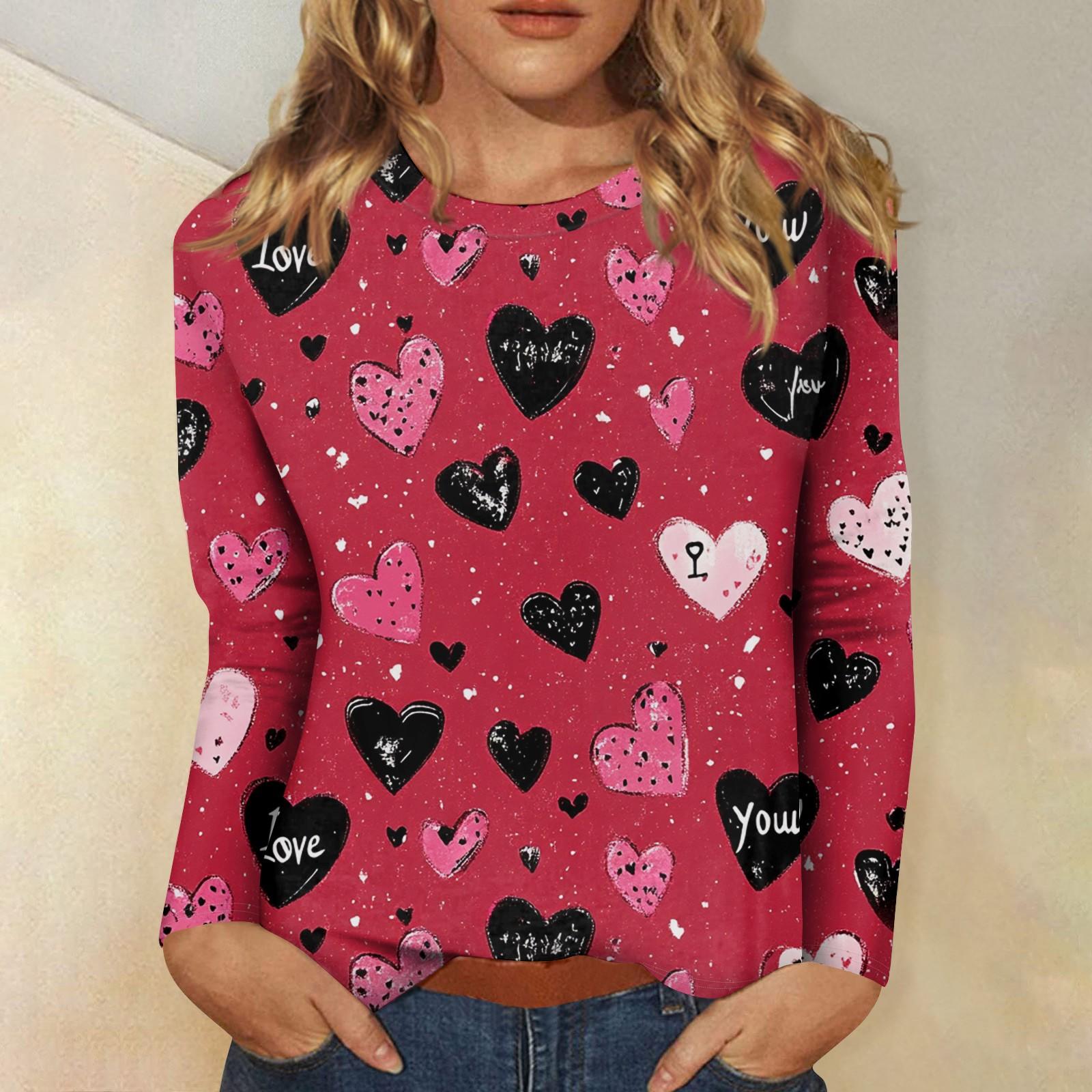 

Женская повседневная мода сексуальный удобный День святого Валентина принтованный круглый вырез длинный рукав топ XL винный