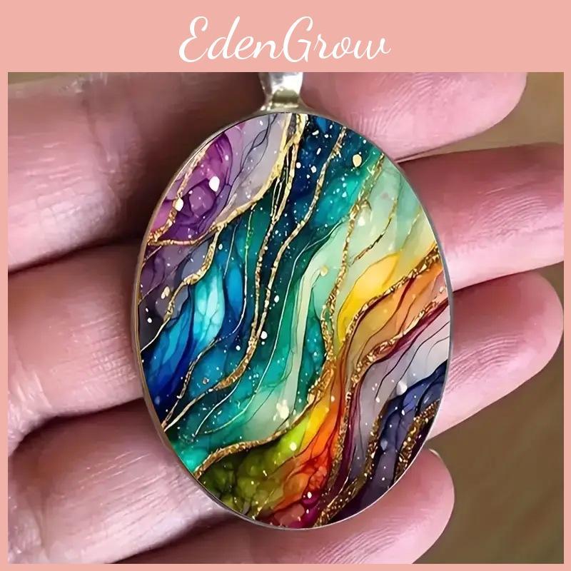 Fantasy Wave Pattern Glass Pendant Necklace With Chain For Fashion Enthusiasts