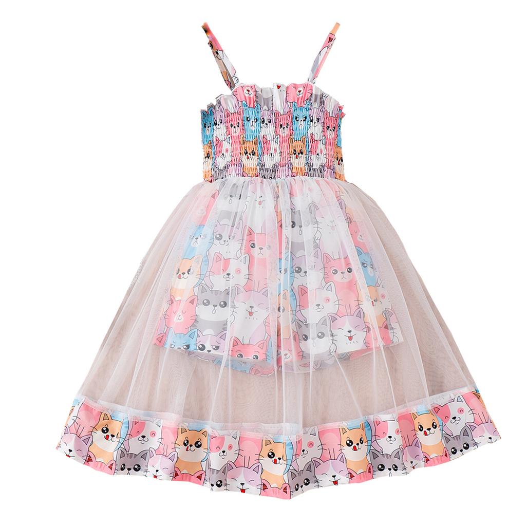 Girls Fashion Dress Summer Kids Cute Cartoon Print Shorts Lined with Suspenders Patchwork Mesh Dress