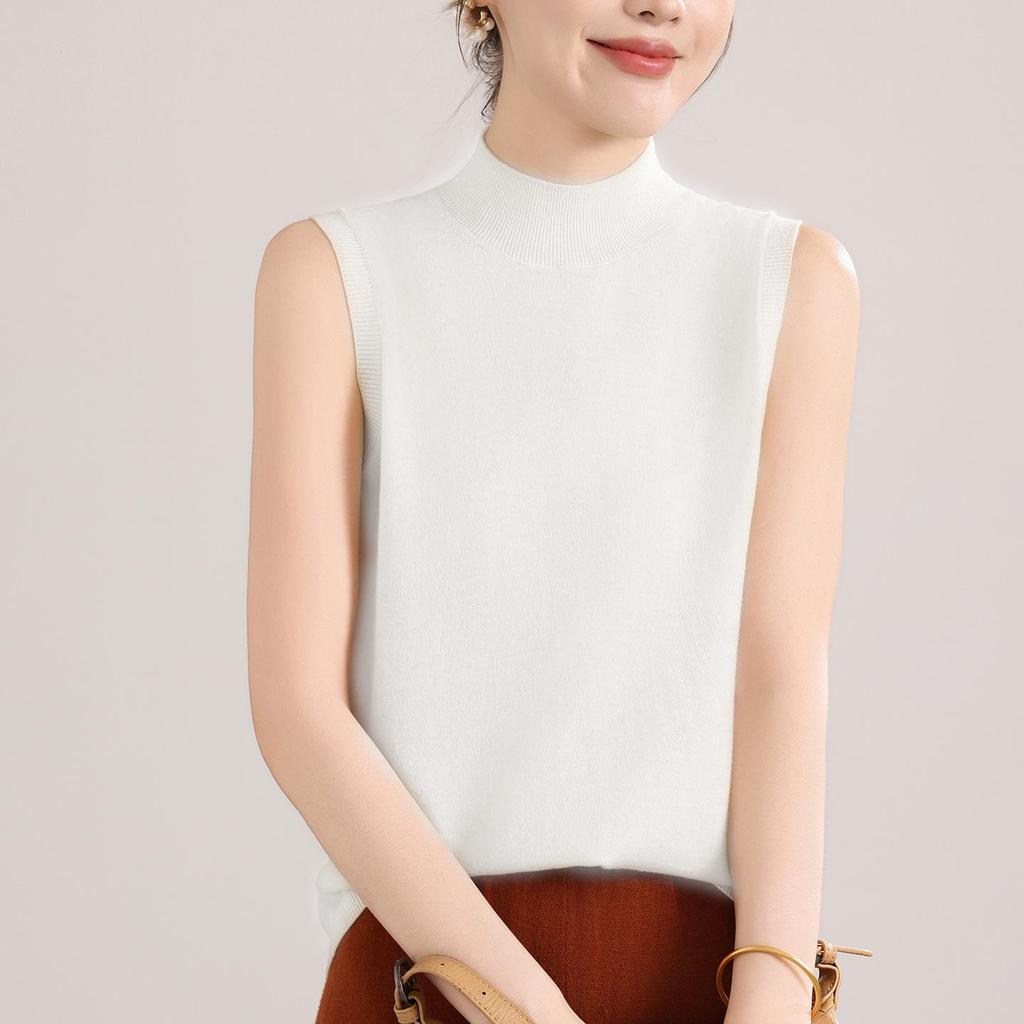 Women's Sleeveless Fine Knit Wool Sweater - Versatile High Collar Spring/Autumn Knitwear