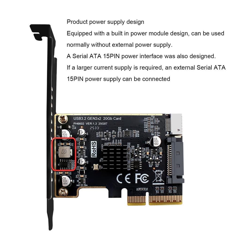 Acogedor PH6602 PCIe To USB 3.2 Gen 2x2 Expansion Card, 20Gbps Type E Key A Front Header Adapter, ASM3242 Chip 15Pin Powered Internal Type C