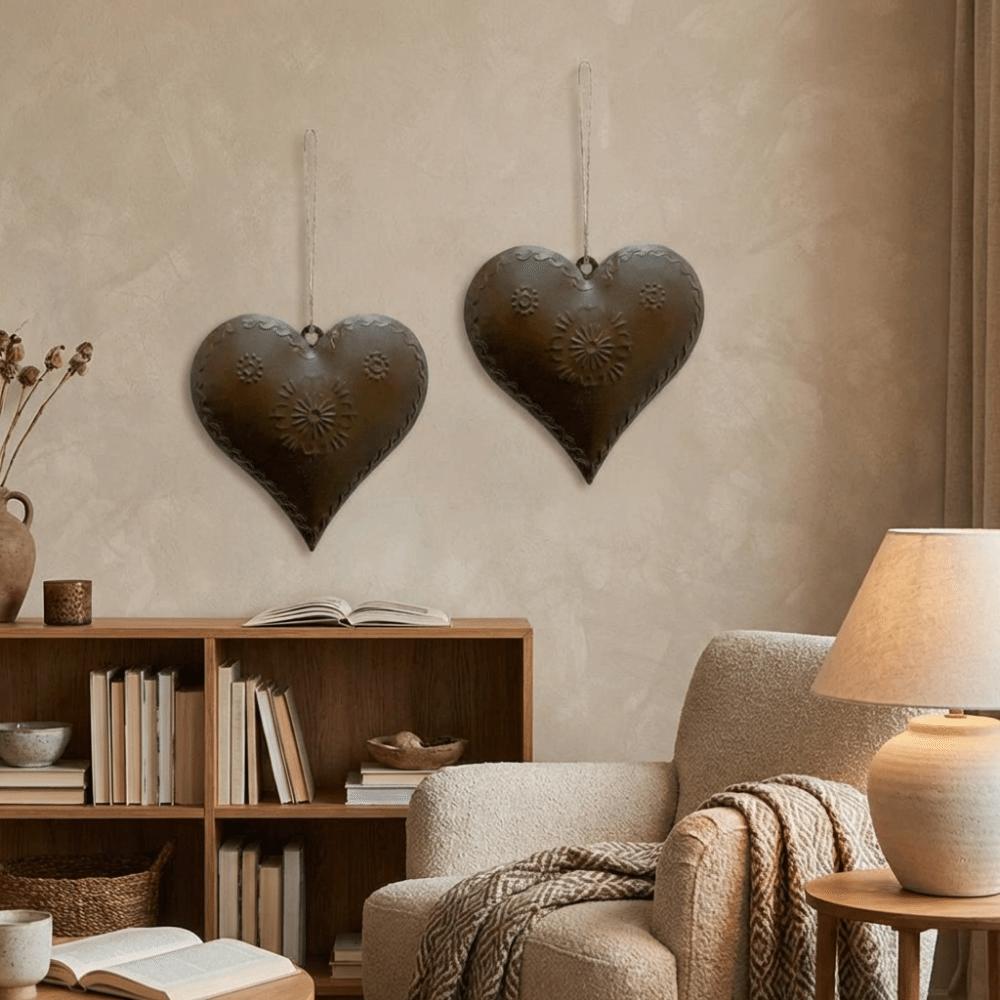 2PCS Vintage Heart Shaped Hanging Pendant Iron Heart Shaped Ornament Wall Decor  for Home