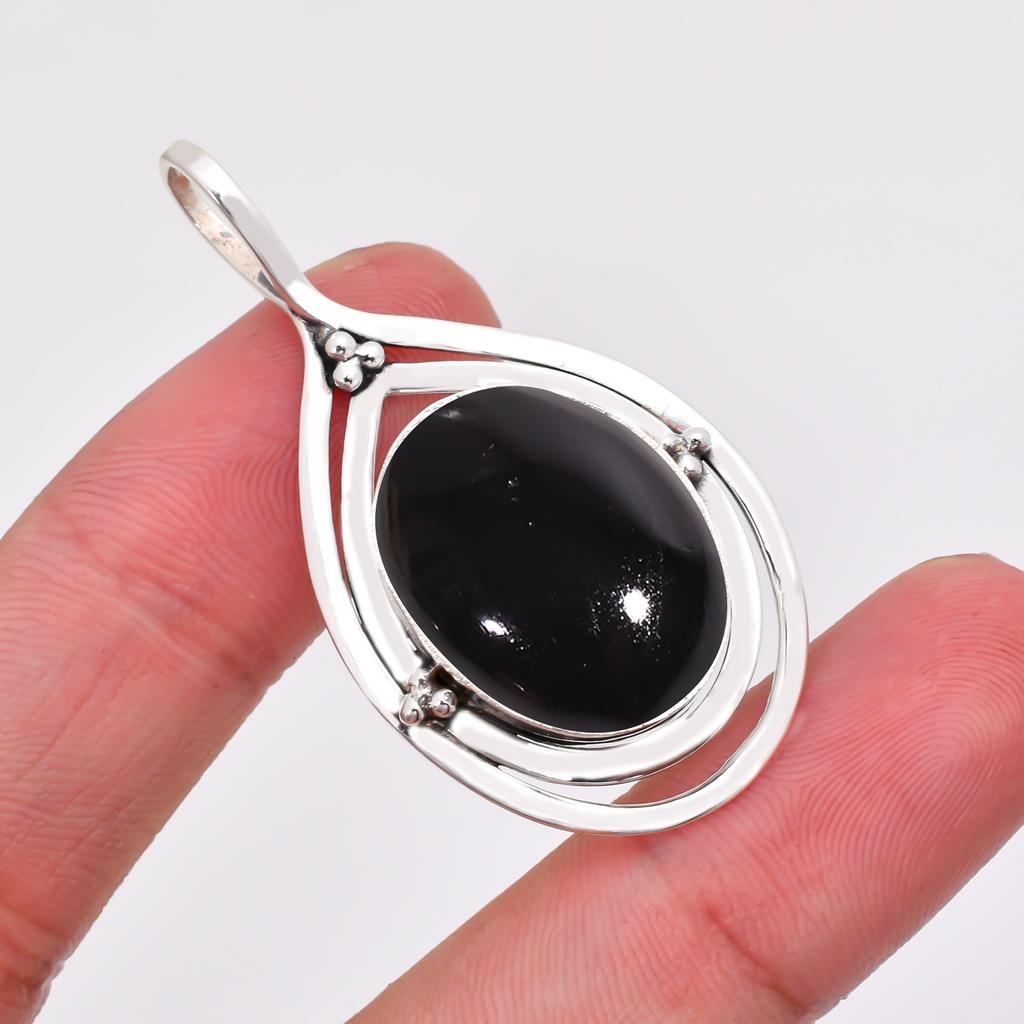 Schwarzer Onyx - Brasilien 925 Sterling Silber Anhänger V8265, Schwarzer Anhänger, Ovaler Anhänger, Valentinstagsgeschenk, Geschenk für Sie, Geburtstagsgeschenk, handgefertigter Schmuck