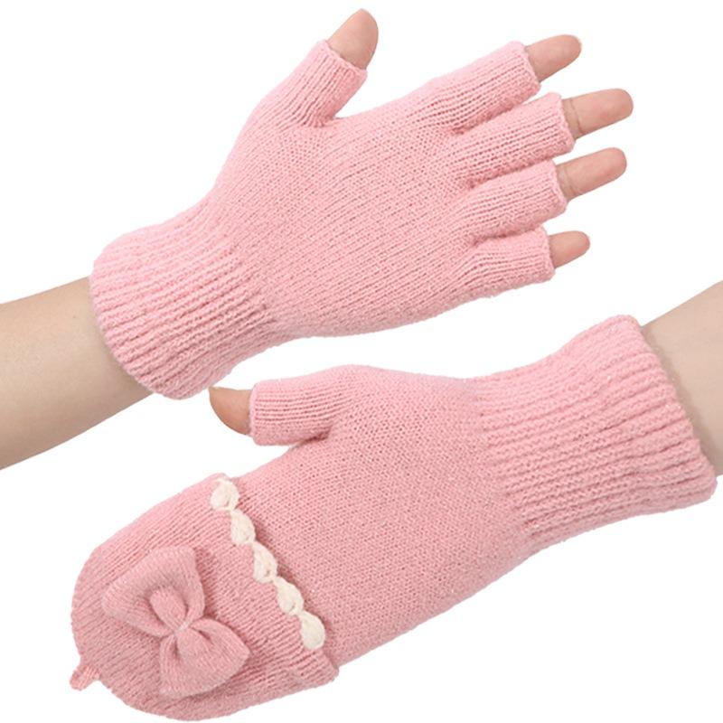 Winter Thermal Gloves Women's Flip Bow Knitted Gloves Women's Adult Gloves Fleece Finger Gloves Men