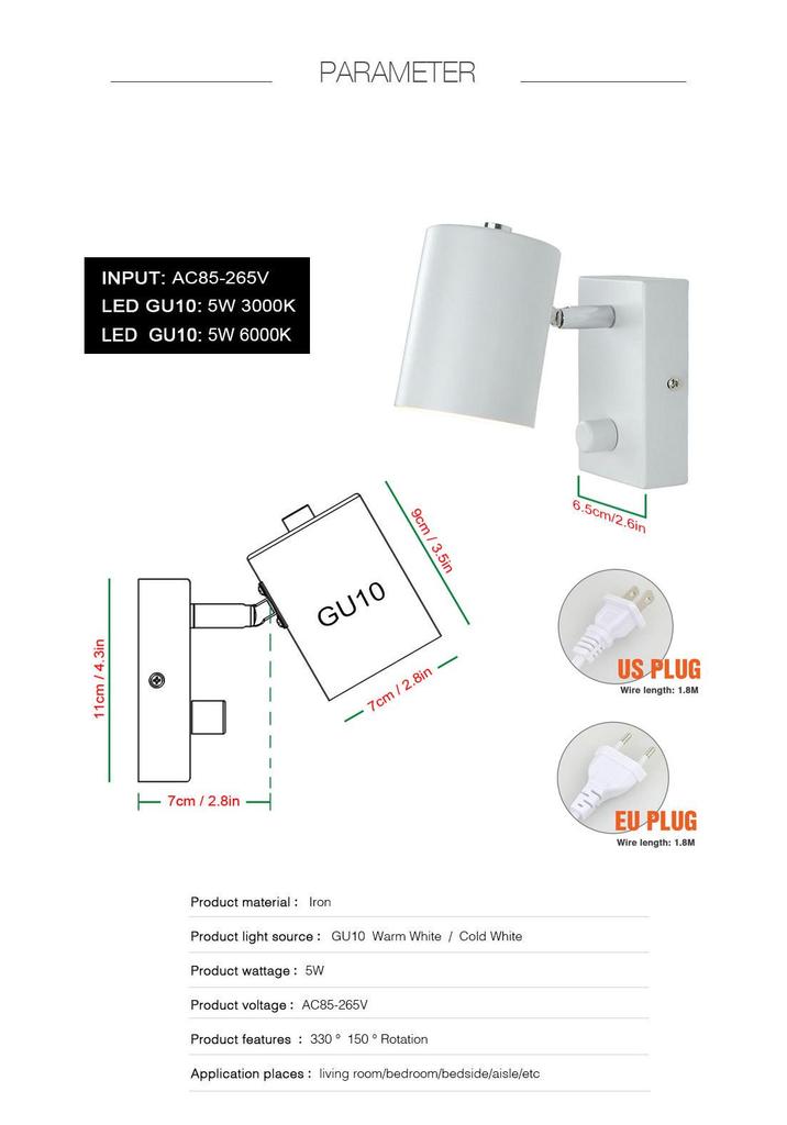 Adjustable Angle Modern Minimalist Bedside Wall Lamp with GU10 Spotlight for Living Room