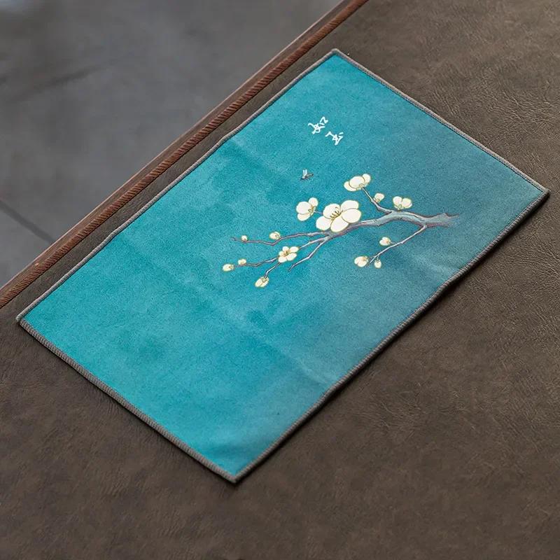 Chinese Painted Flower Pattern Thickened Tea Towel Plush Imitation Deerskin Absorbent Water Rag Tea Napkins Cloth Tea Ceremony