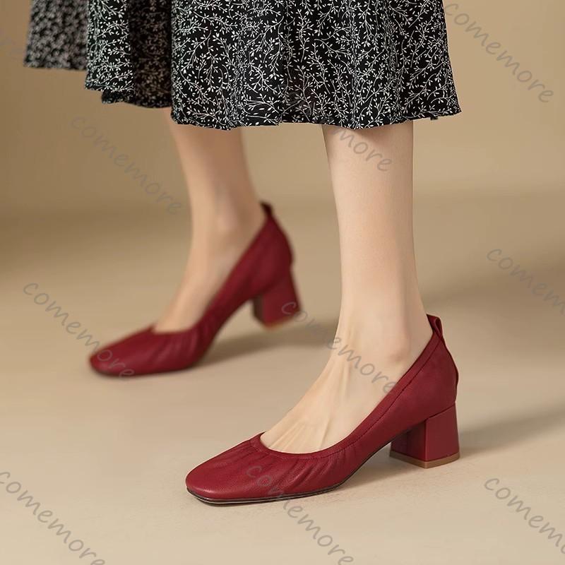 Fashion Comemore 2025 New Vintage Women's Pumps Shoes Round Toe Mid Heel Platform Shoes Retro Solid Color Chunky Heeled Red Dress Shoes