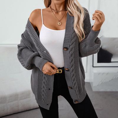 Autumn Winter Vintage Loose Long Sleeve Top Solid Color Cardigan Knitwear V-Neck Sweater