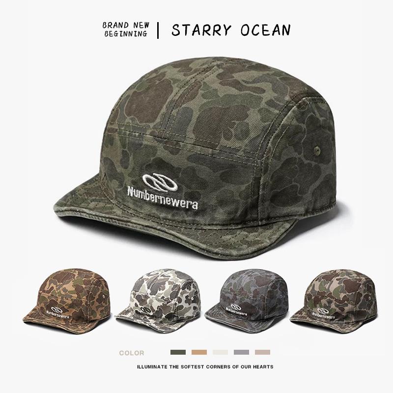 American-style camouflage baseball cap, men's workwear style, soft brim, five-panel design, makes the face appear smaller, short brim, embroidered