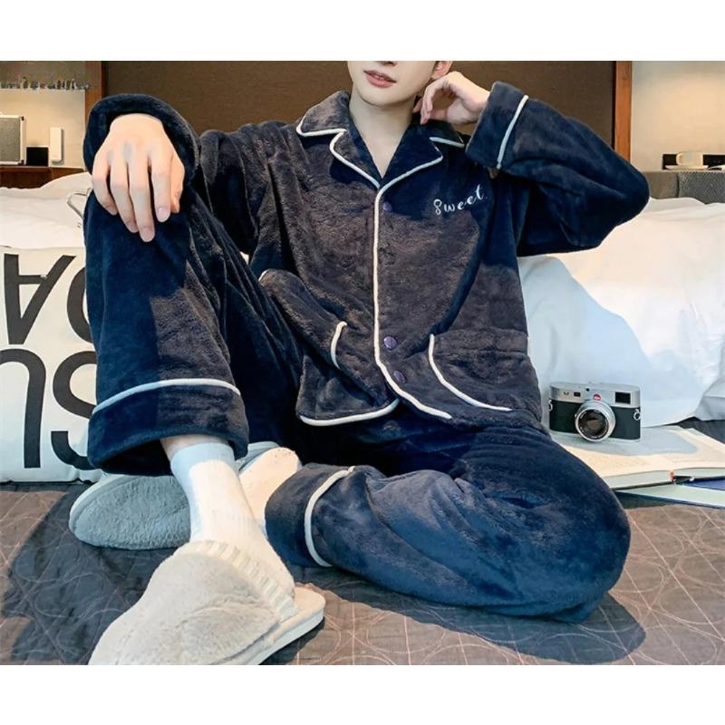 Men's Winter Thickened Flannel Pajama Sets Lapel Fluffy Coat + Long Pants Sleepwear 2 Pieces Male Soft Warm Housewear