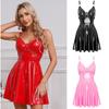 Dame Wet Look Patent Leather Slip Dress V-hals A-Line Mini Dress Clubwear Gothic Party Dress