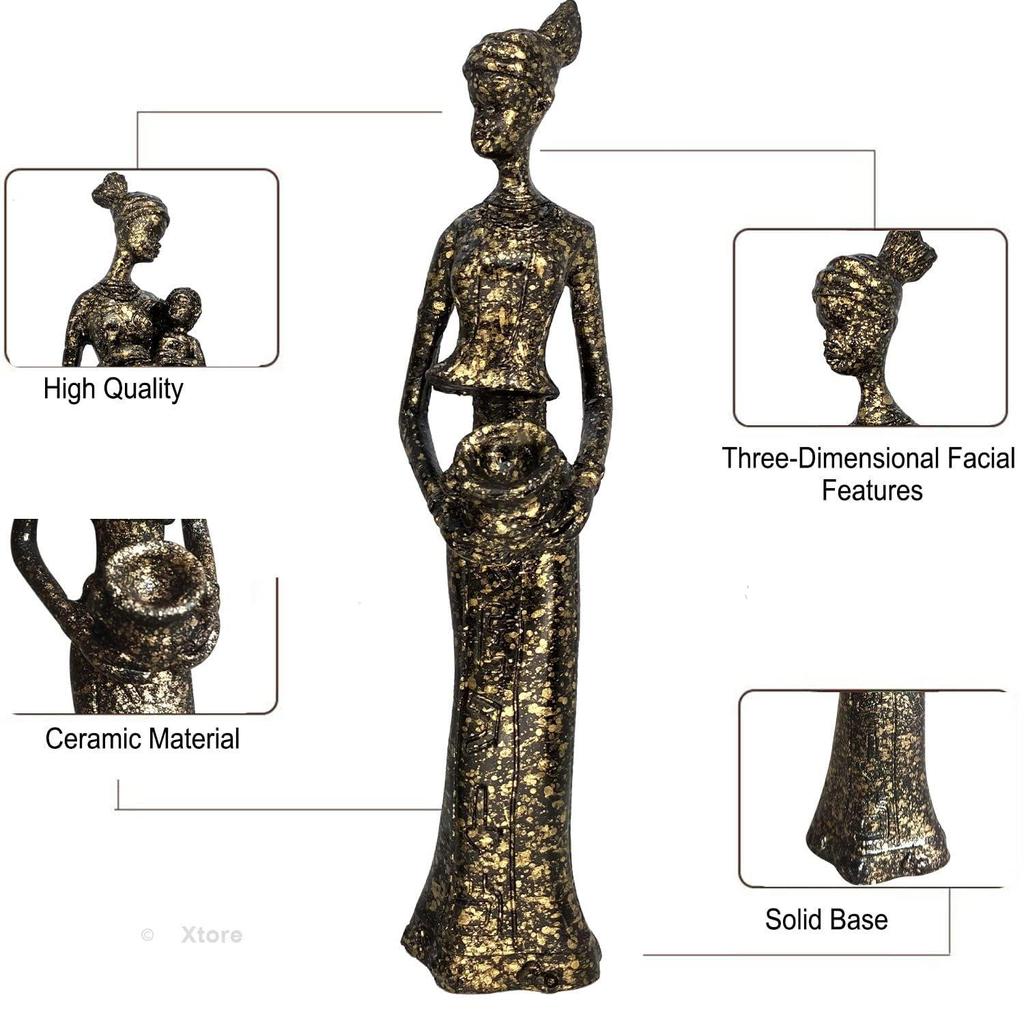 Beautiful Finish Uniquely Hand Crafted Home Decor African Tribal Women Art Piece - (Set of 3, Black and Golden Color)