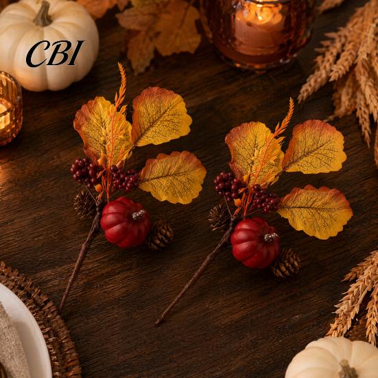 Pumpkin And Berry Centerpiece Autumn Flower Bouquet, Artificial Fall Floral Picks with Maple Leaves Pumpkins Orange Yellow Berries Pine Cones