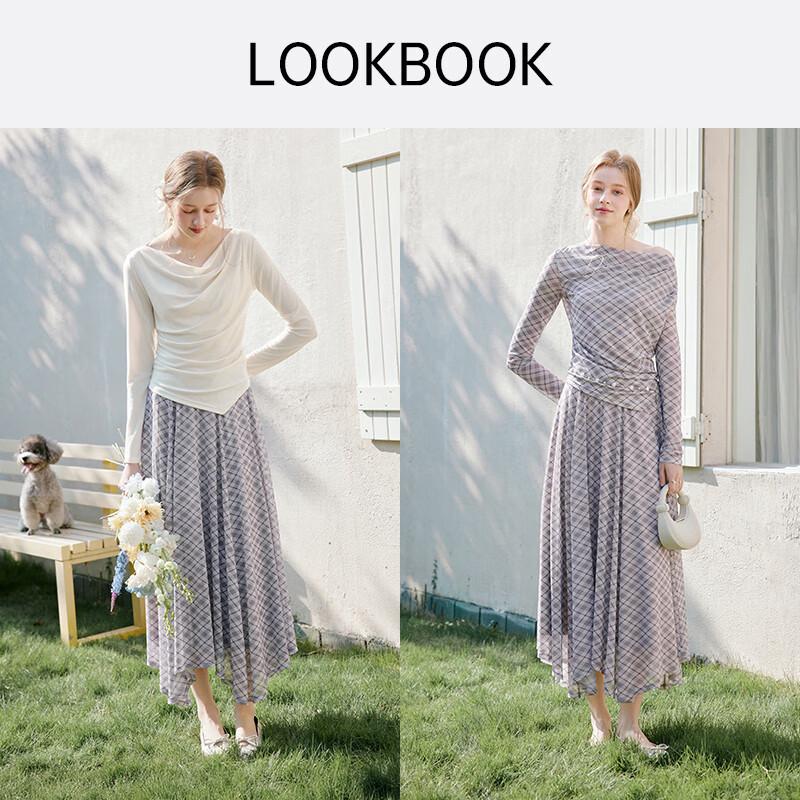 Xiangying Irregular Plaid High-Waist A-Line Skirt