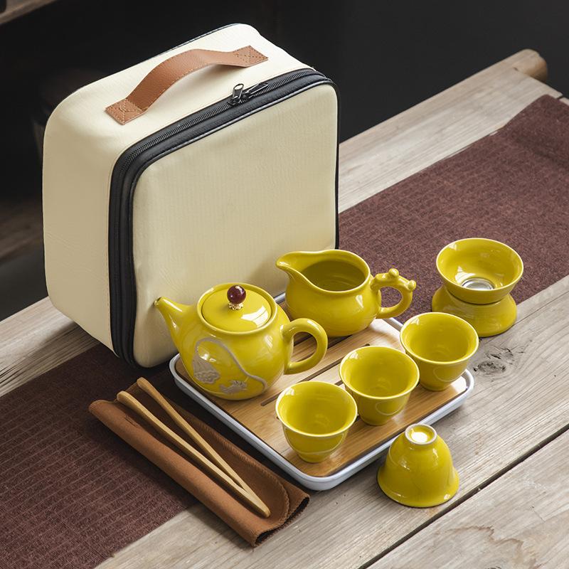 Travel Tea Set, Portable Storage Bag, Creative Ceramic Kung Fu Teapot, Tea Tray, Complete Set of Business Gifts