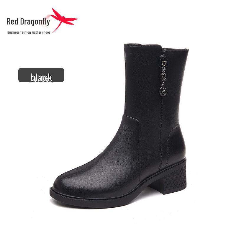 Red Dragonfly 2025 Women s Black Leather Winter Boots - Plus Velvet, Mid-Calf, Chunky High Heel Size 36