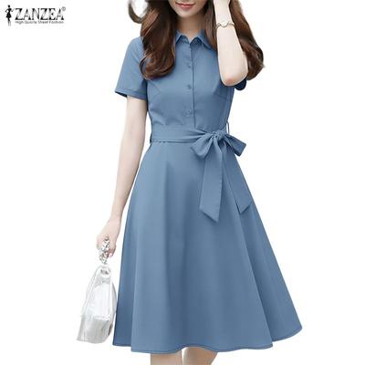 Women Casual Turn Down Collar Short Sleeve Dress
