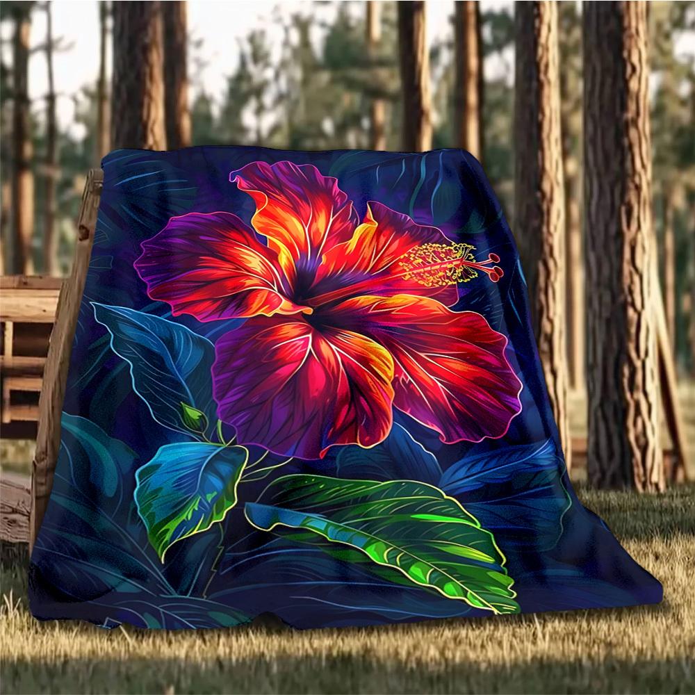 1pc Hibiscus Flower Print Throw Blanket Polyester Fiber, Lightweight Flannel, Soft & Warm, All Season Use for Outdoor, Camping Digital Print