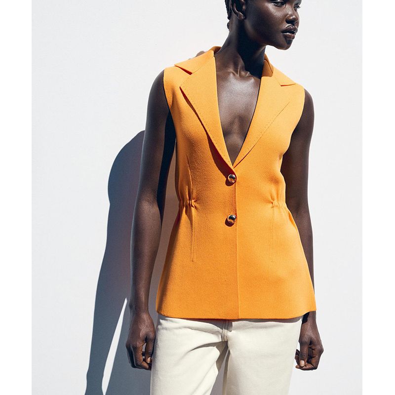 Spring and Summer New Women's Clothing French Golden Breasted Ruched Lapel Sleeveless Knitting Vest Jacket 4192023