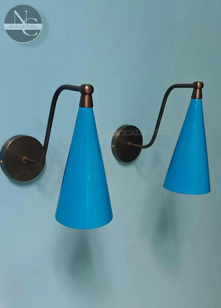 Handcrafted Brass Wall Sconce Set: Mid-Century Modern Blue Cone Lights