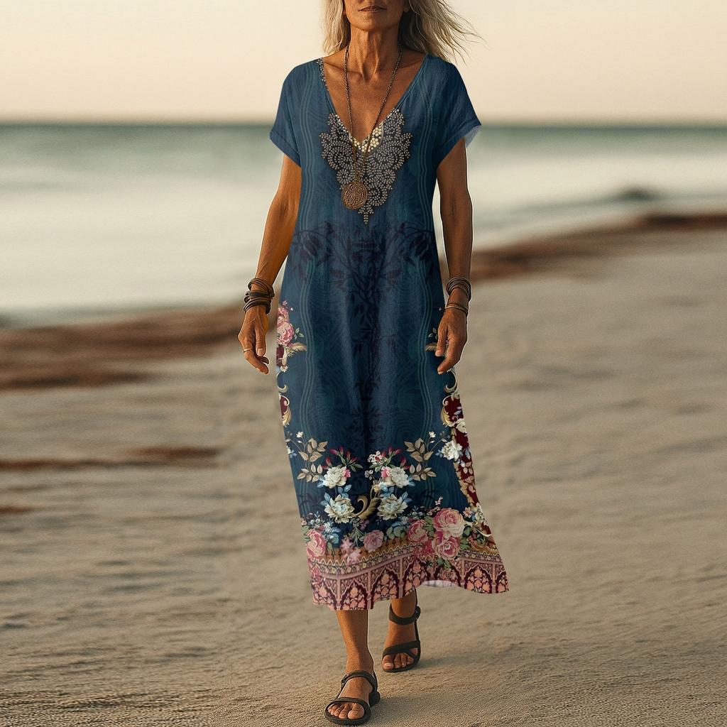 Sukienka letnia damska długa boho plażowa elegancka sukienka maxi dekolt V krótki rękaw letnia tunika lekka przewiewna