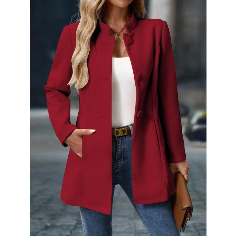 

YYFS Женская мода Повседневная однотонная принтованная куртка и пальто с длинным рукавом и воротником-стойкой на осень-зиму XXL темно-красного