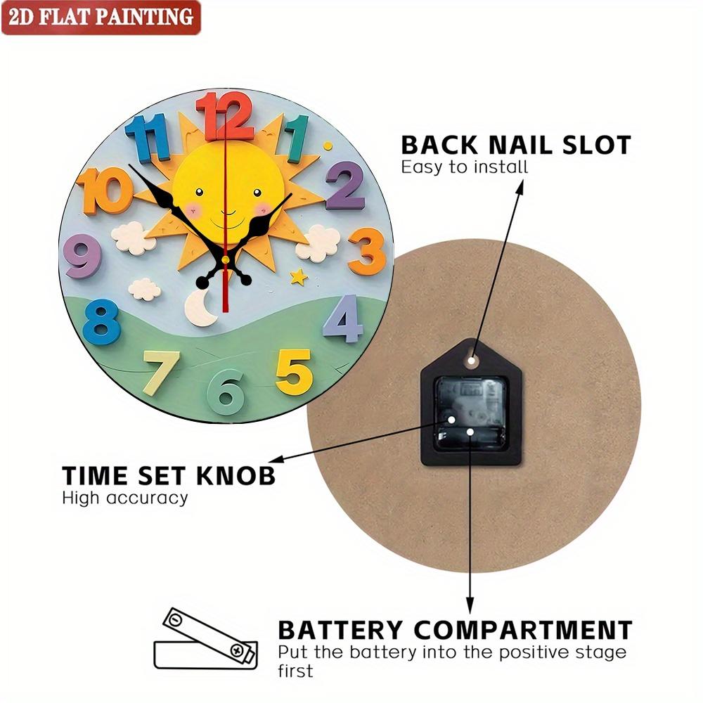 Cartoon Sun Learning Clock. Silent educational wooden clock for home, classroom or outdoor.