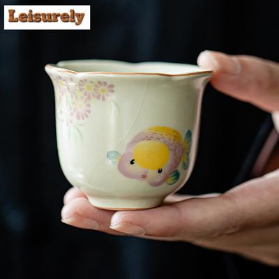 2pc/set Retro Ru Kiln Ceramic Teacup Creative Golden Fish Master Cup Small Flower Mouth Cup Can Raise Mug Kung Fu Tea Set 50ml
