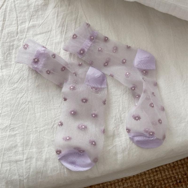 Ultra-thin Transparent Crystal Silk Socks Women Fashion Summer Harajuku Crew Socks Retro Flower Streetwear Elastic Long Socks