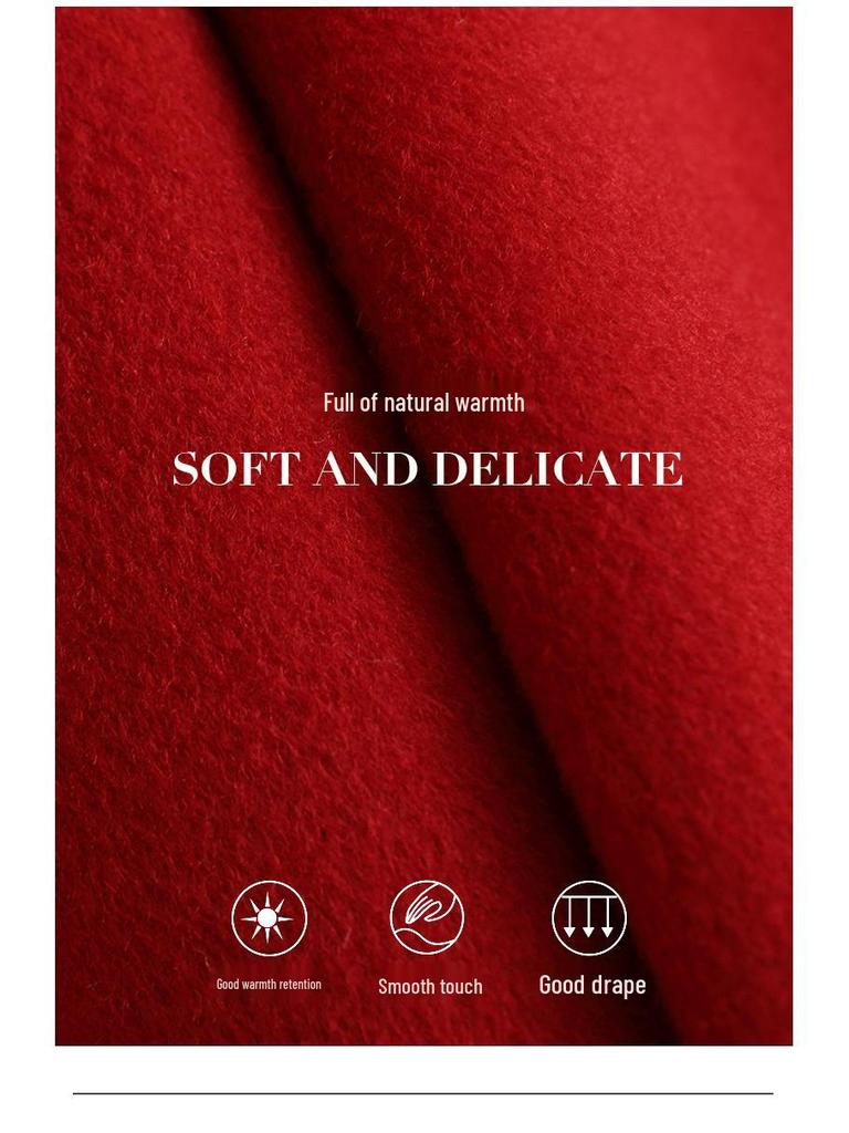 2025 Spring Women's Red Woolen Double-Sided Long Coat with Waist-Defining Design