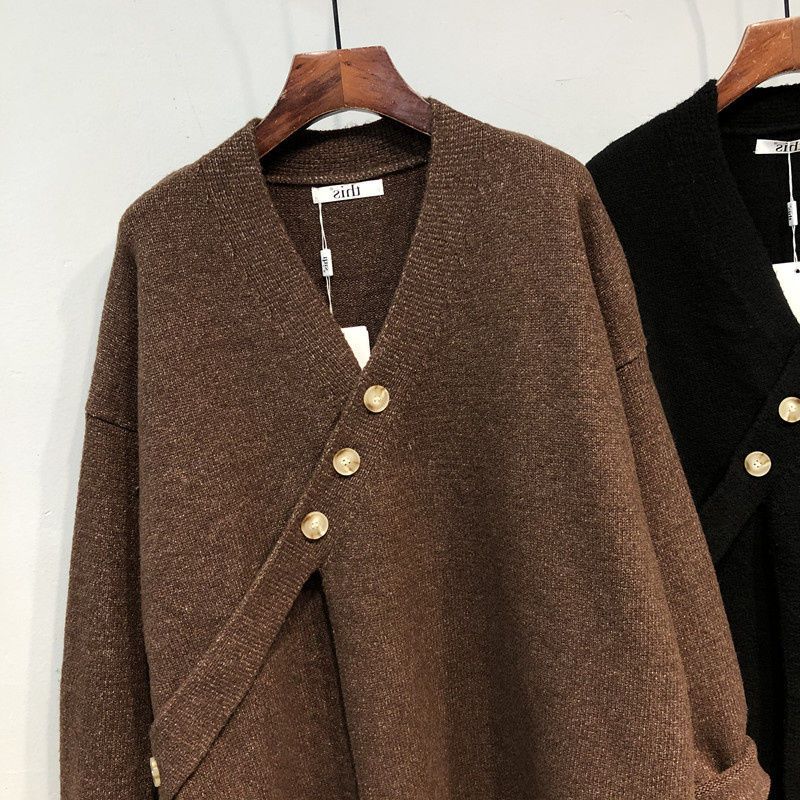 Autumn Winter New Oblique-breasted V-neck Loose Mid-length Bat-sleeve Knitted Sweater Jacket for Women