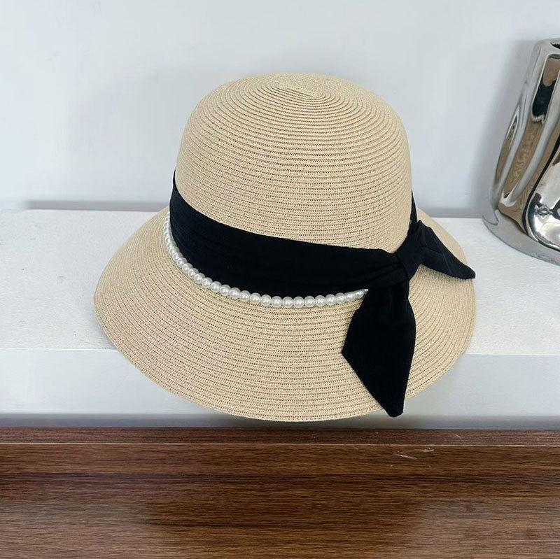 Small Fresh Pearl Bow Dome Sunscreen Straw Hat Basin Hat Bucket Hat Women's Straw Woven Travel Straw Hat