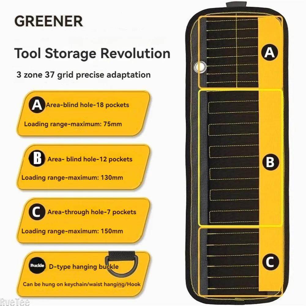 Greener 37 Holes Screwdriver Bit Drill Storage Bag Tool Pouch for Electrician Carpenter Multifunctional Thickened Roll Bag