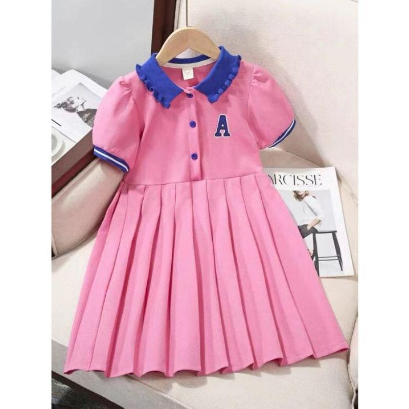 Girls Summer Polo Collar Pleated Dress Short Sleeve Preppy School Uniform Dress for Big Kids 120