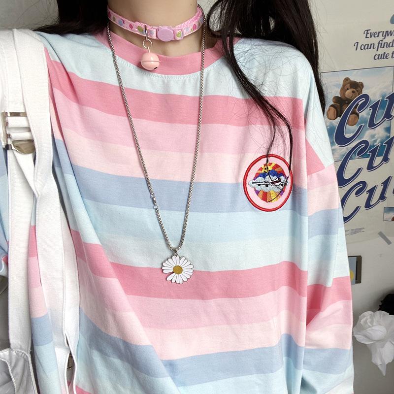 Autumn New Long Sleeved T-Shirt Women'S Top Korean Stripe Loose Student Bottoming Shirt Women'S Dress