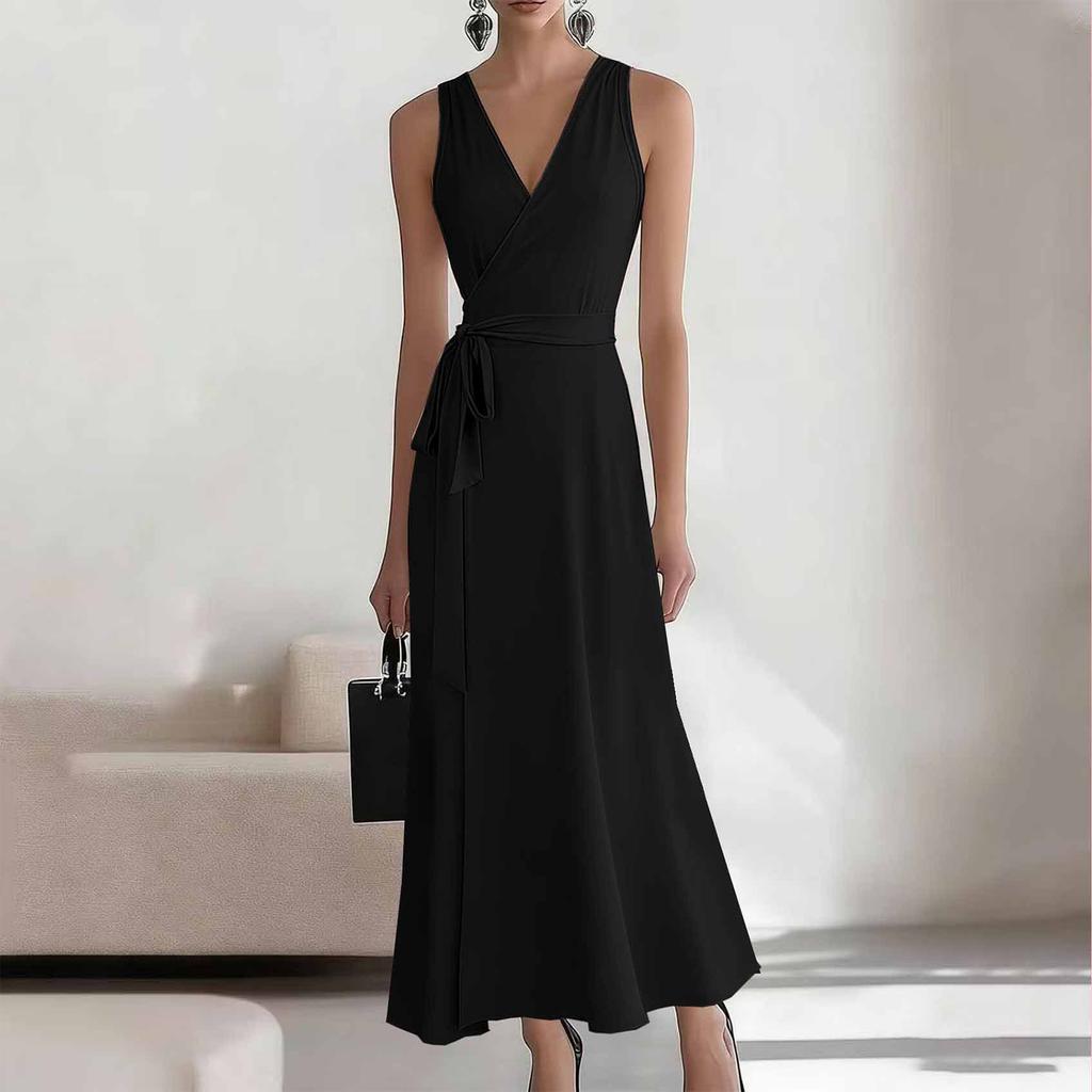 Women's Fashionable Color V-neck Lace Sleeveless Long Casual Dress