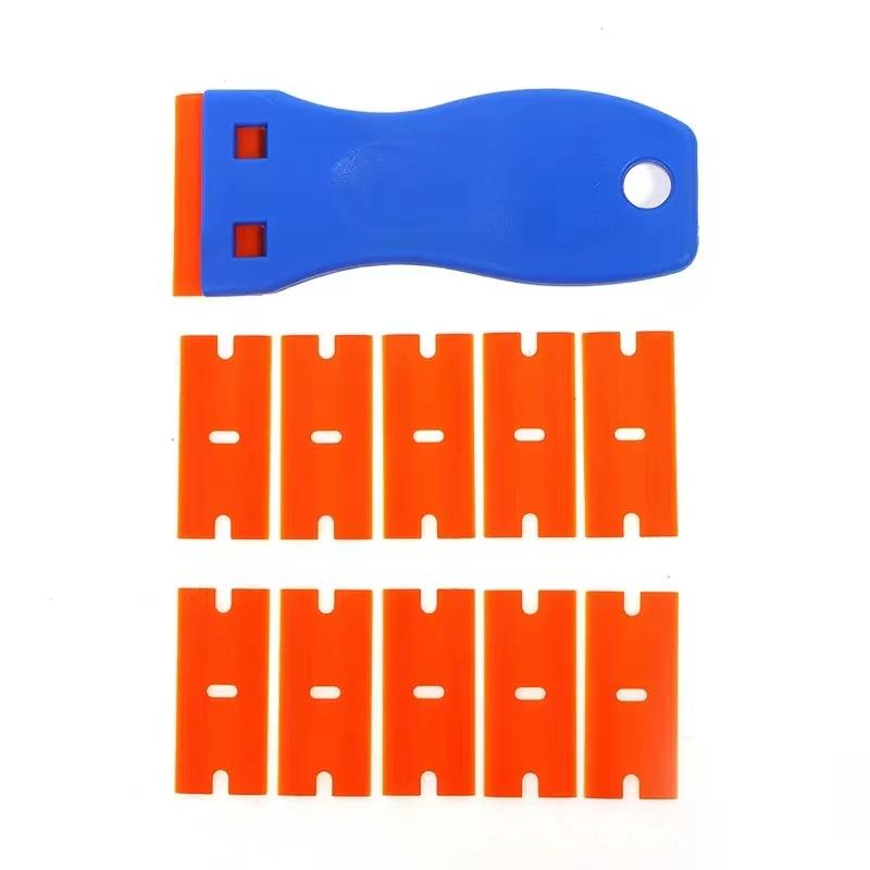 Plastic Razor Scraper with 10pcs Double Edged Plastic Blades Hair Extension Tool for Debris Sticker Label On Glass Windows Removal Scraper Tool