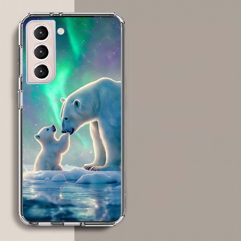 Eisbär und sein Junges unter der Aurora Handyhülle für Samsung Galaxy S25 Edge S24 S23 FE S21 S20 S10 Plus S22 S26 Ultra Cover
