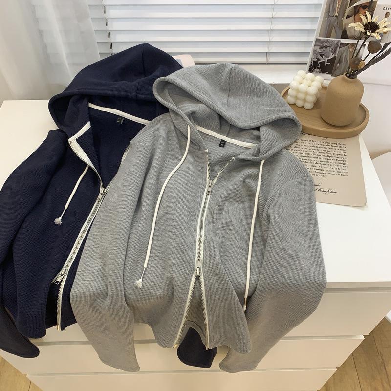 

Women s Spring Slimming Curved Hem Double Zipper Waffle Knit Hoodie Jacket 2XL [120-140 jin]