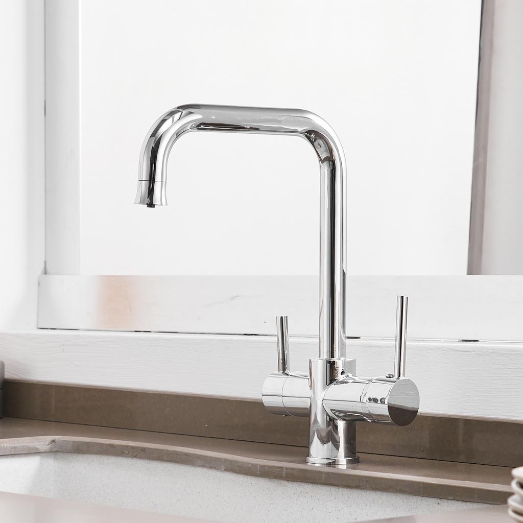 Chrome Dual Handle Filtered Crane For Kitchen, 360 Rotation Water Filter Tap Three Ways Sink Mixer Kitchen Faucet