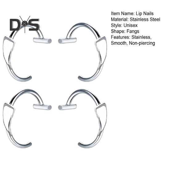 2 Pairs Lip Nails Halloween Cosplay Fangs Stainless Steel Smooth Non-piercing Polished Masquerade Party Shows Lip Jewelry Lip Studs