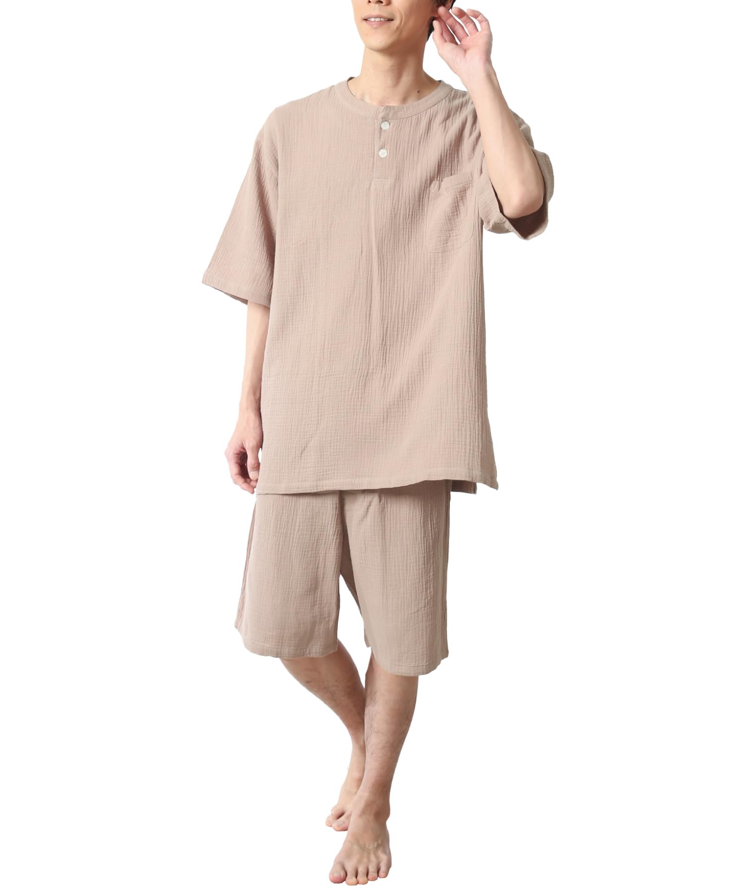 

ON NISHIKI Летний комплект с коротким рукавом из хлопка, двойной верх и низ и шорты, размер мужской, пижама, прохладный, 100% марля, приятный для кожи, комплект, пуловер, (Мокка,