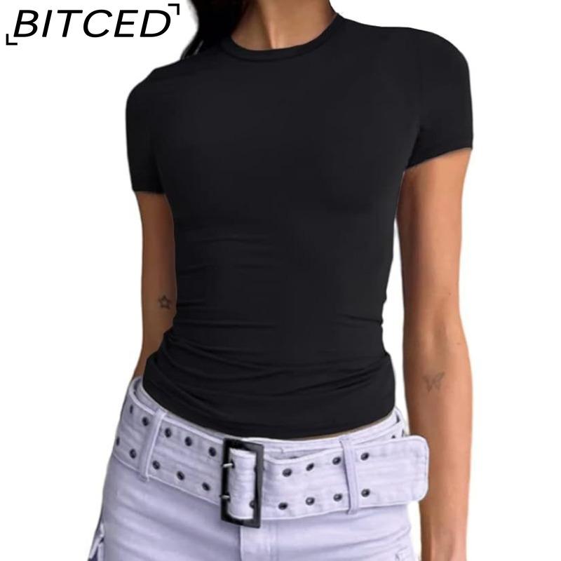 BITCED Damska koszulka z długim rękawem na lato: Stylowe topy z dekoltem O, dopasowane, do noszenia jako warstwa zewnętrzna