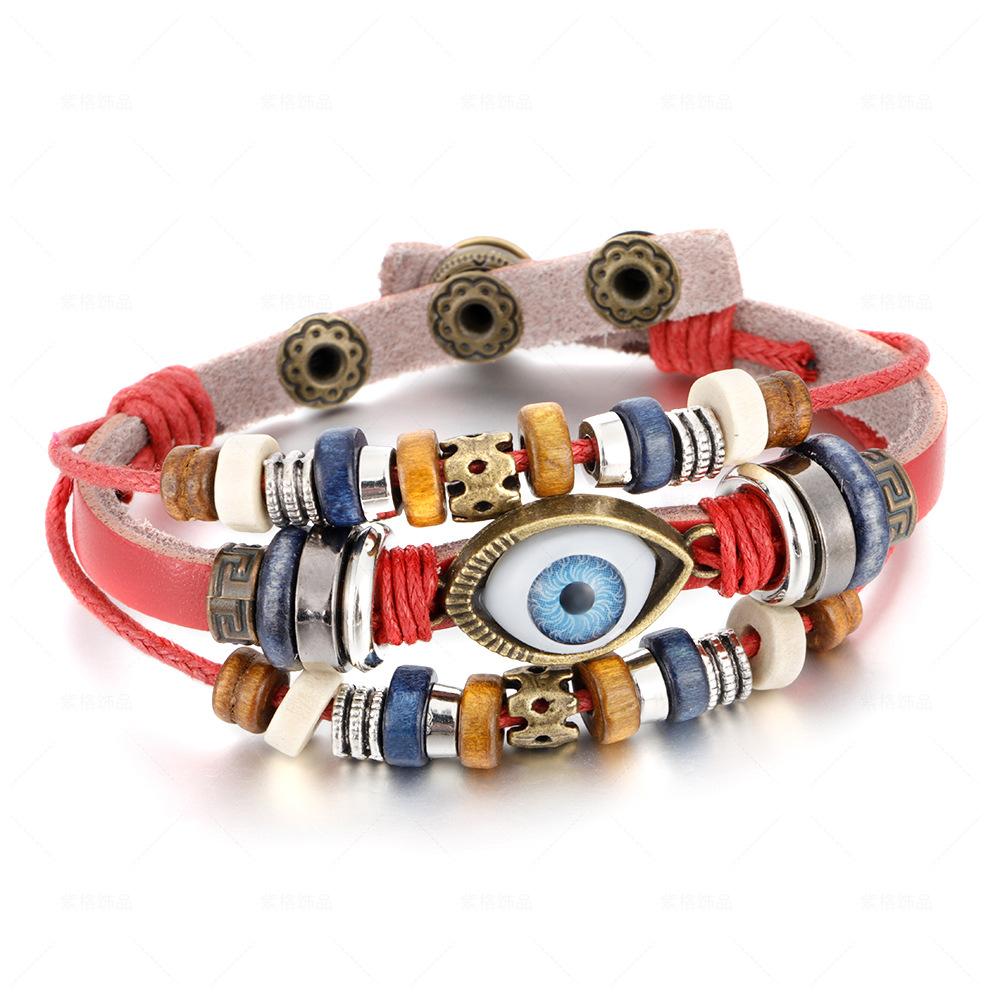 Bohemian Multilayer Braided Leather Bracelet with Eye Beads, Adjustable Couple Wristband