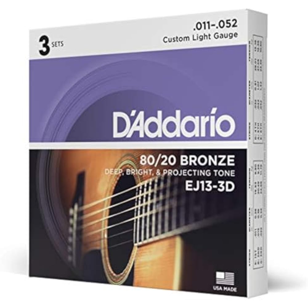 D'Addario Daddario Acoustic Guitar Strings 80/20 Bronze Custom Light .011-.052 EJ13-3D 3 Set Pack...