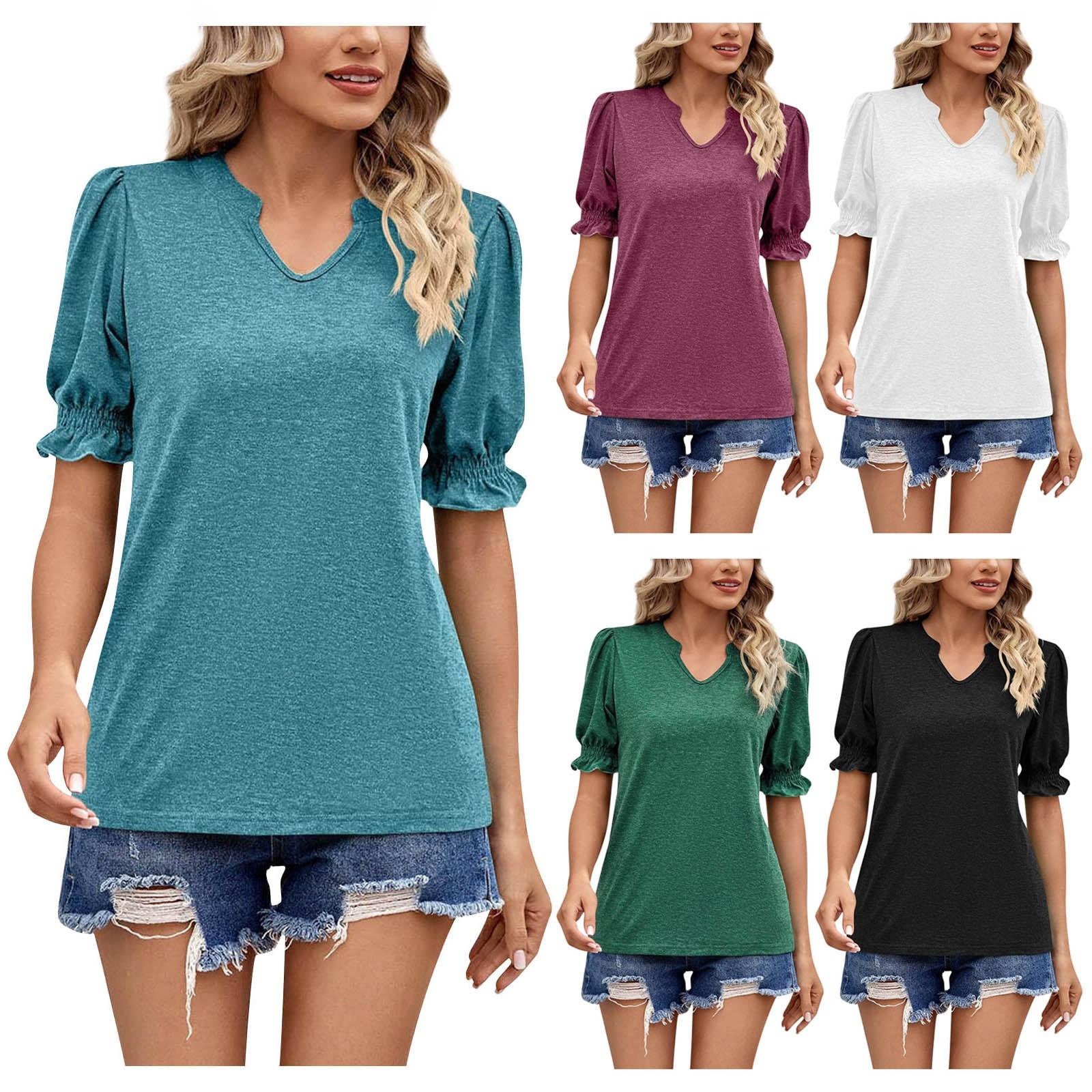 

(Qunide) Women s Solid Color U-Neck Loose Gathered Short Sleeve T-Shirt Top