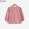 ZANZEA Womens Summer Casual 3/4 Sleeve Hollow Patchwork Embroidery Crochet Blouse